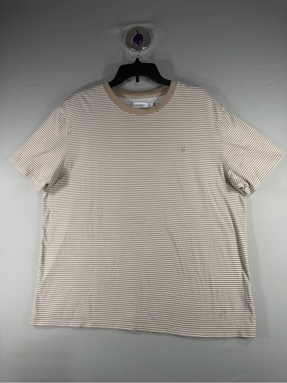 Calvin Klein Cream and Beige Striped Crewneck Tee